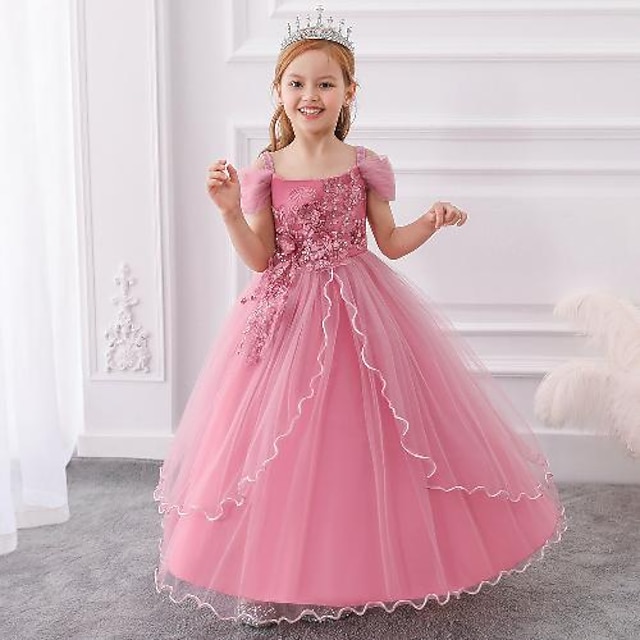  Kids Girls' Party Dress Solid Color Short Sleeve Performance Wedding Birthday Adorable Princess Beautiful Cotton Maxi Party Dress Floral Embroidery Dress Pink Princess Dress Spring Fall Winter 3-12