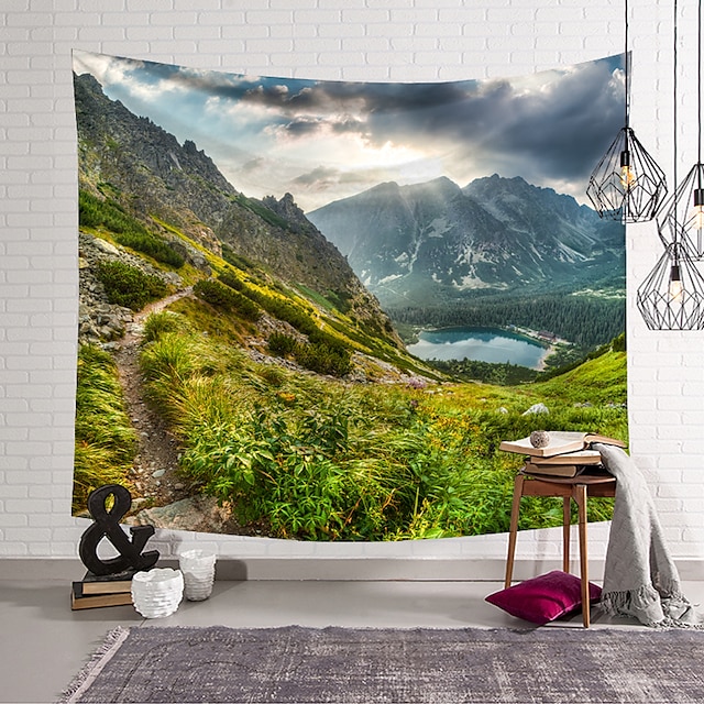  Tapeçaria de parede grande decoração de arte cobertor cortina pendurada em casa quarto decoração sala de estar cenário de montanha lindo lago poliéster