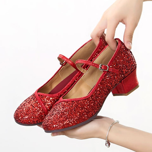  Zapatos de baile Mary Jane de tacón bajo con purpurina roja para mujer: zapatos de salón de fiesta brillantes para ocasiones especiales