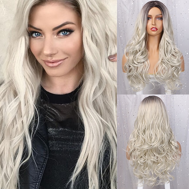 Gray Wigs for Women Long Wavy Synthetic Wigs Long Water Wavy Wigs Ombre Wigs Grey Blonde Red