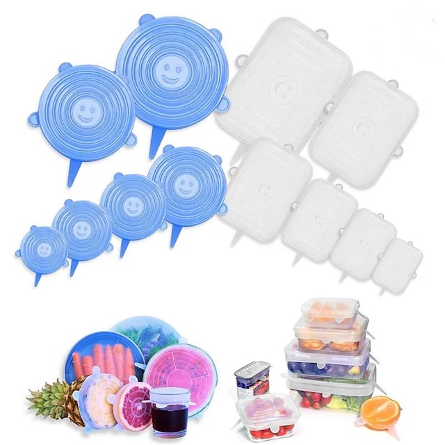 12 Couvercles En Silicone Élastiques - Lot De 6 Ronds + 6 Carrés - Universels Pour Conservation Alimentaire