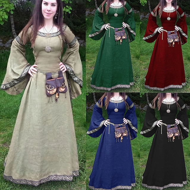  Clássico Medieval Vestido Coquetel Vestido antigo Vestidos Vestido de formatura Vestido Túnica Até o Tornozelo Viking Outlander Tamanhos Grandes Elfo Mulheres Feminino Decote Redondo Dia Das Bruxas