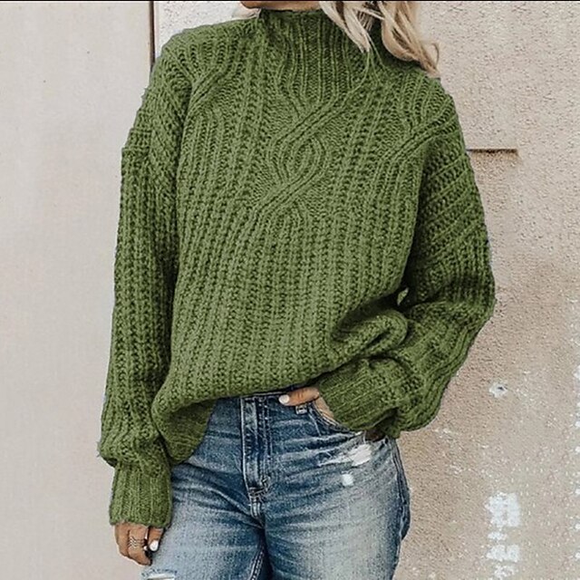  Women's Pullover Sweater jumper Jumper Cable Chunky Knit Knitted Turtleneck Solid Color Daily Going out Basic Vintage Style Drop Shoulder Winter Fall Black Blue S M L / Long Sleeve / Casual