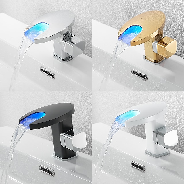  badrumshandfat blandare, LED vattenfall temperaturkontrollerad 3-färgs galvaniserad centerset enkelhandtag ett håls badkranar