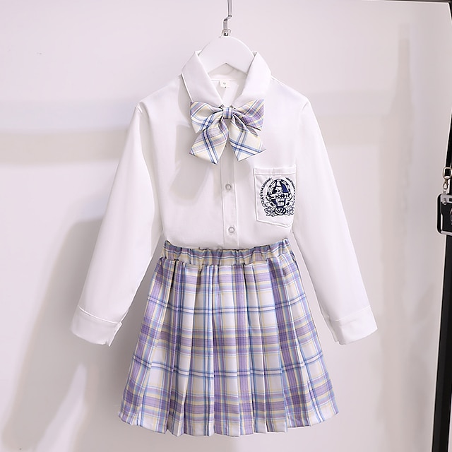 Baby & Kids Girls Clothing | Kids Girls Clothing Set Long Sleeve Blue Purple Plaid Pleated Cotton Active Streetwear - LA59971