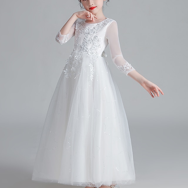  שמלת ילדים קטנות לילדות קטנות שמלת טול פרחונית רשת לבן מקסי שרוולים ארוכים שמלות חמודות ליום הילדים בכושר רגיל