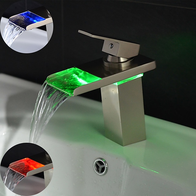  Lavandino rubinetto del bagno - Cascata / Con LED Nickel spazzolato Installazione centrale Una manopola Un foroBath Taps / Ottone