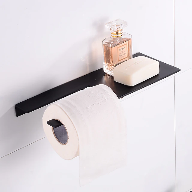 Stainless Steel Toilet Paper Holder New Design Tray Paper Roll Holder Bathroom Shelf Wall Mounted Matte Black 1pc 13