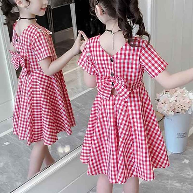  Kids Little Girls' Dress Black Red Plaid Backless Ruched Black Red Above Knee Short Sleeve Cute Dresses New Year Slim