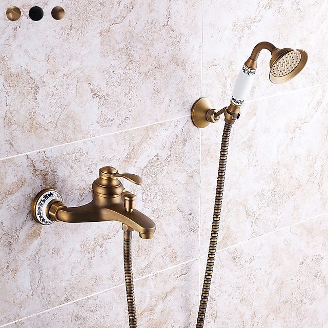  Shower Faucet / Rainfall Shower Head System Set - Handshower Included pullout Vintage Style / Country Antique Brass / Electroplated Mount Outside Ceramic Valve Bath Shower Mixer Taps / Single Handle