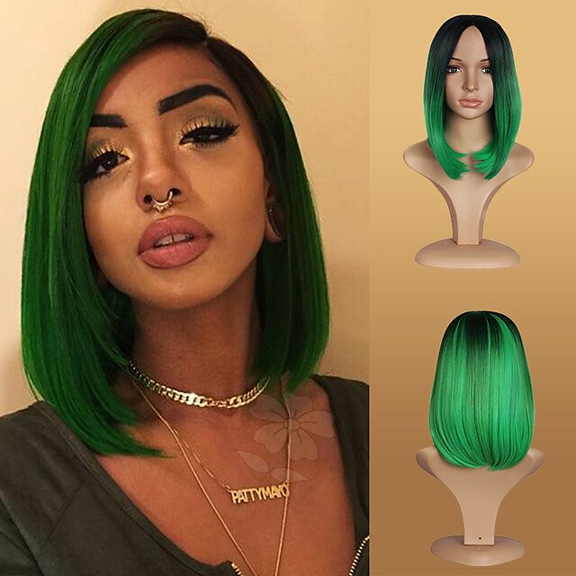  Synthetic Wig Straight Kardashian Straight Bob With Bangs Wig Short Green Synthetic Hair Women's Middle Part Bob Ombre Hair Dark Roots Black