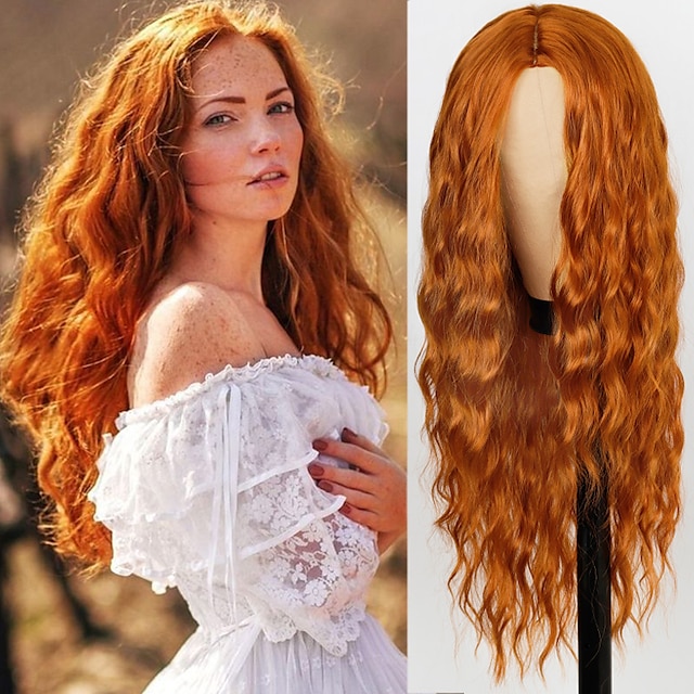  orange peruka dla kobiet długa fala wody syntetyczne włosy peruki ginger wig ombrewine niebieski różowy brązowy szary czarny fioletowy zielony 26 cal