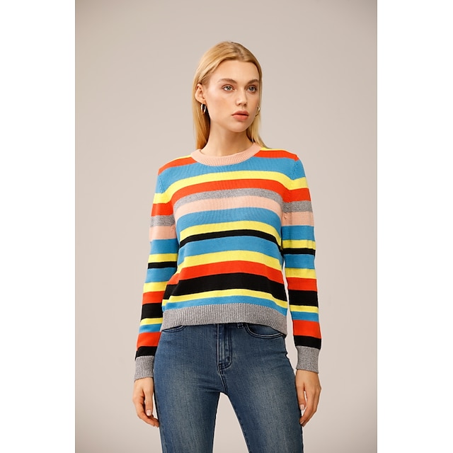 Womens Clothing Sweaters & Cardigans | Womens Pullover Stripe Knitted Striped Color Block Long Sleeve Sweater Cardigans Crew Nec