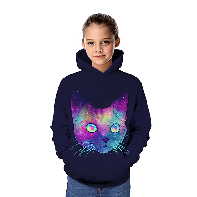 Baby & Kids Girls Clothing | Kids Girls Hoodie & Sweatshirt Long Sleeve Rainbow Cat 3D Print Cat Graphic 3D Animal Print Active 