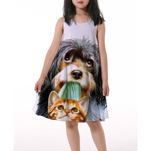 Baby & Kids Girls Clothing | Kids Little Girls Dress Graphic Animal Print Gray Asymmetrical Sleeveless 3D Print Cute Dresses Loo