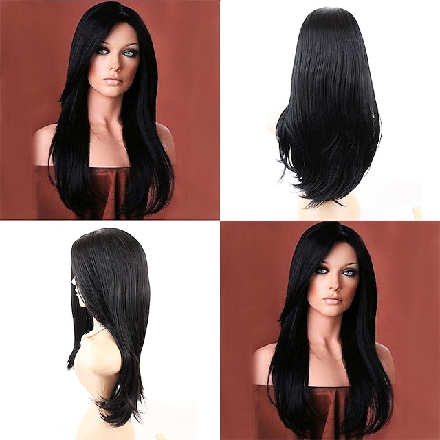 Synthetic Wig Natural Wave Kardashian Natural Wave With Bangs Wig Long Natural Black #1B Synthetic Hair Women's Side Part Black MAYSU