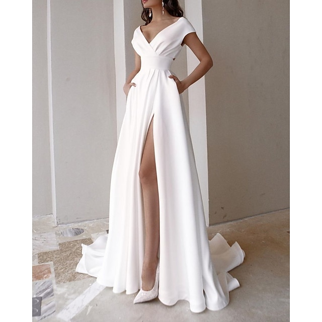  Szalon Alkalmi Esküvői ruhák A-vonalú V-alakú Pántok Seprűuszály Sztrecs szövet Menyasszonyi ruhák Val vel Hasított 2024
