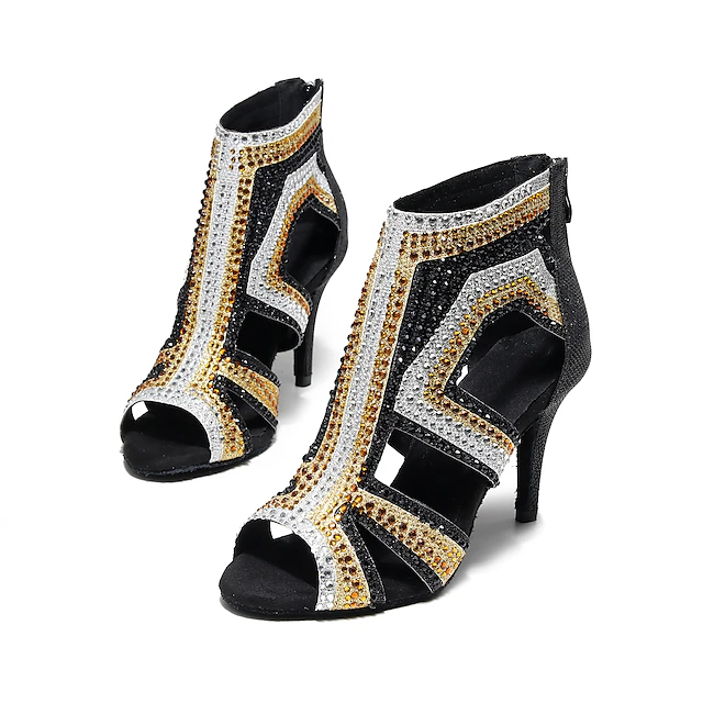 Women's Salsa Shoes Dance Boots Tango Shoes Performance Training Ankle Boots Heel Crystal / Rhinestone Sided Hollow Out Slim High Heel Peep Toe Zipper Lace-up Adults' Black / Gold 17
