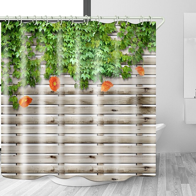 Home & Garden Bath Accessories | Wooden Fence green Leaves Print Waterproof Fabric Shower Curtain for Bathroom Home Decor Covere