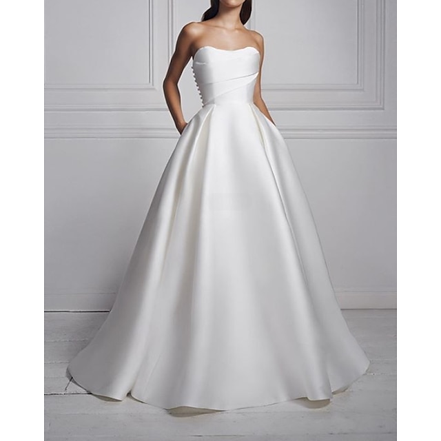  Hall Casual Wedding Dresses A-Line Sweetheart Strapless Sweep / Brush Train Satin Bridal Gowns With 2024
