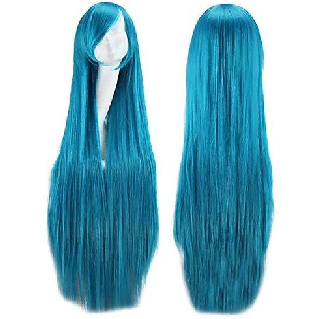  39 inches long straight lolita cosplay party wig (cyan-blue)