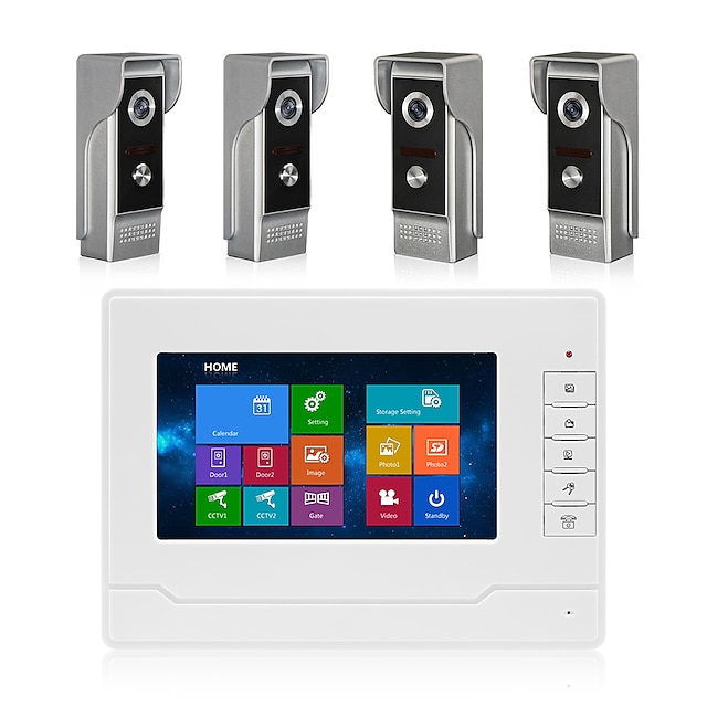  7inch Full Touch Screen Door Phone Four To One Video Intercom for Villa Support OSD Language Recording Function Waterproof Camera IR night Vision Video Doorbell System With 16G TF card