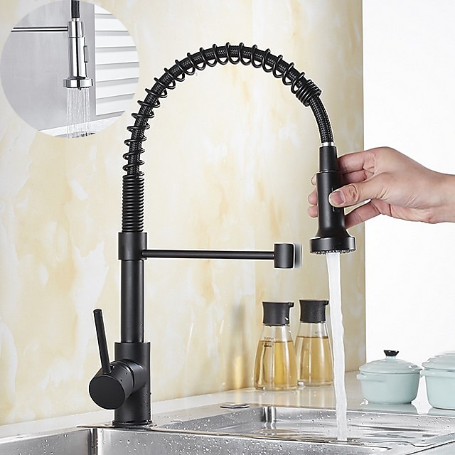  Kitchen Sink Mixer Faucet with Pull Down Sprayer, 360 swivel High Arc Single Handle Spring Kitchen Taps Deck Mounted, One Hole Brass Kitchen Sink Faucet Centerset Water Taps