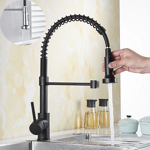Kitchen Sink Mixer Faucet with Pull Down Sprayer, 360 swivel High Arc Single Handle Spring Kitchen Taps Deck Mounted, One Hole Brass Kitchen Sink Faucet Centerset Water Taps 18