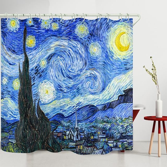  Van Gogh Starry Sky Town Digital Printing Shower Curtains with Hooks Modern Polyester New Design  70 Inch
