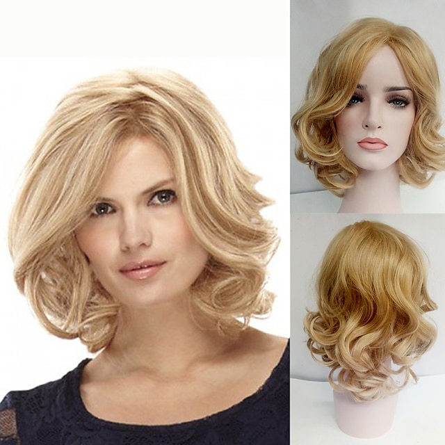  Synthetic Wig Curly Curly Bob With Bangs Wig Medium Length Blonde Synthetic Hair Women's Side Part Blonde