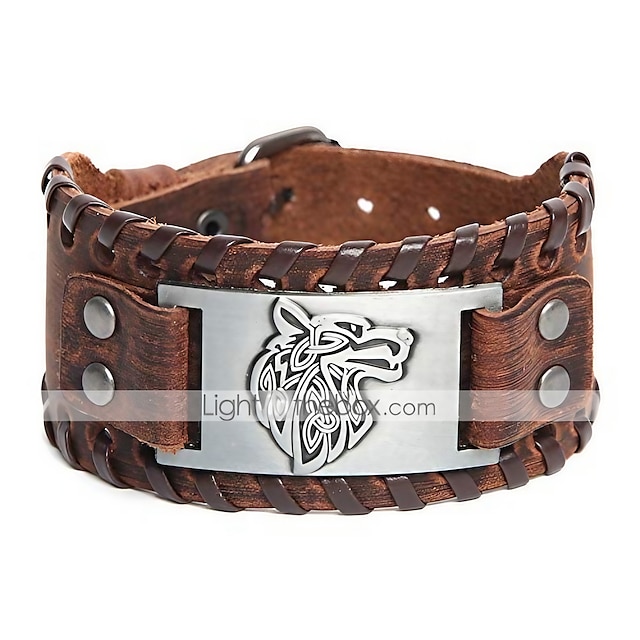  viking bracelet a nordic bracelet with amulet - pagan jewelry of dala celtic knot (wolf head-brown)