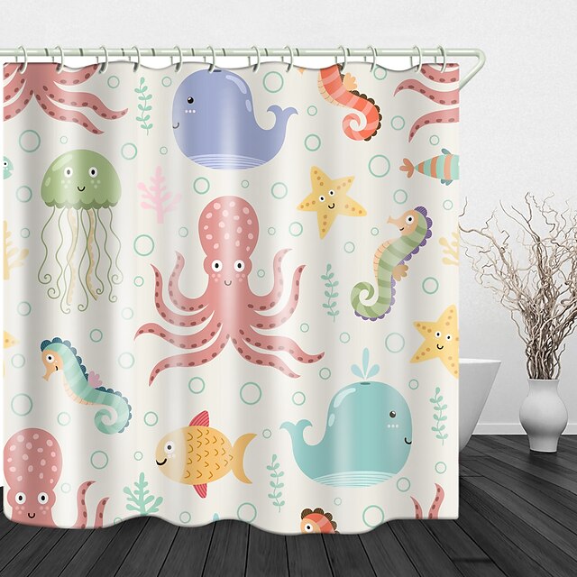 Home & Garden Bath Accessories | Marine Life Print Waterproof Fabric Shower Curtain for Bathroom Home Decor Covered Bathtub Curt