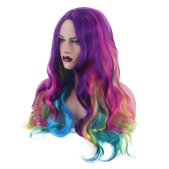 Beauty & Hair Wigs & Hair Pieces | Wavy Minaj Middle Part Wig Short Rainbow Synthetic Hair Womens Fashionable Design Red Blue Pr