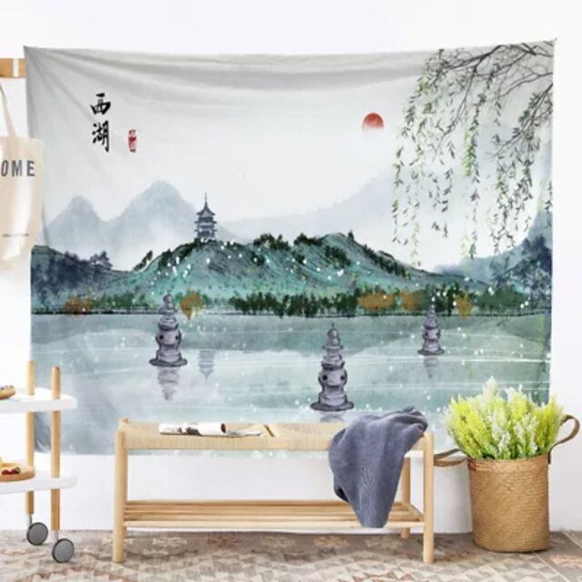  Chinese Ink Painting Style Wall Tapestry Art Decor Blanket Curtain Hanging Home Bedroom Living Room Decoration Landscape River Mountain Crane Sun
