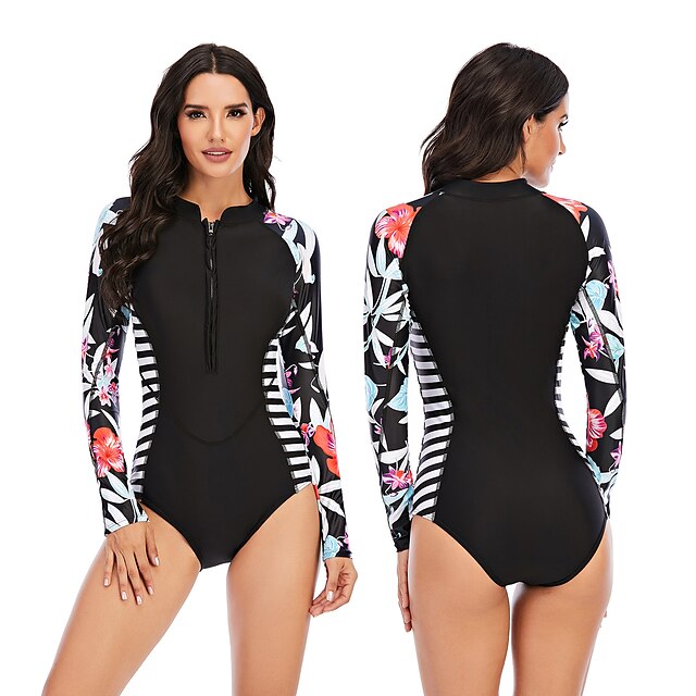2Pcs Womens Long Sleeve UV Sun Protection Swimsuits Outdoor Rash Guard Surfing Floral Swimwear 
