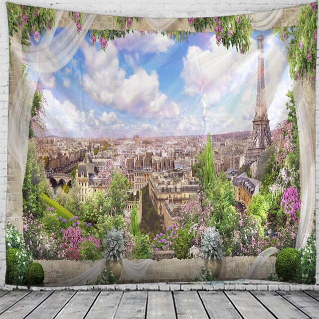  Window Landscape Large Wall Tapestry Art Decor Blanket Curtain Hanging Home Bedroom Living Room Decoration Paris Eiffel Tower City Flower