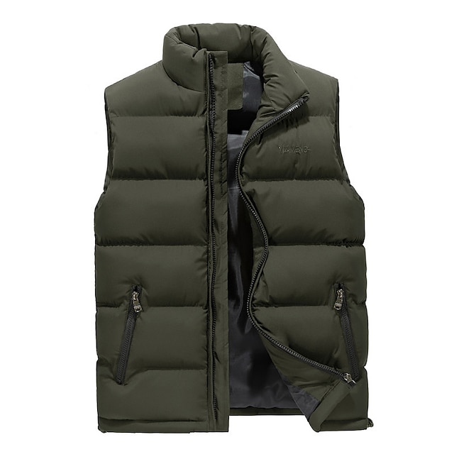  Men's Hiking Vest Quilted Puffer Vest Sleeveless Winter Jacket Trench Coat Top Outdoor Thermal Warm Breathable Lightweight Sweat wicking Winter ArmyGreen Black Navy Blue Hunting Fishing Camping