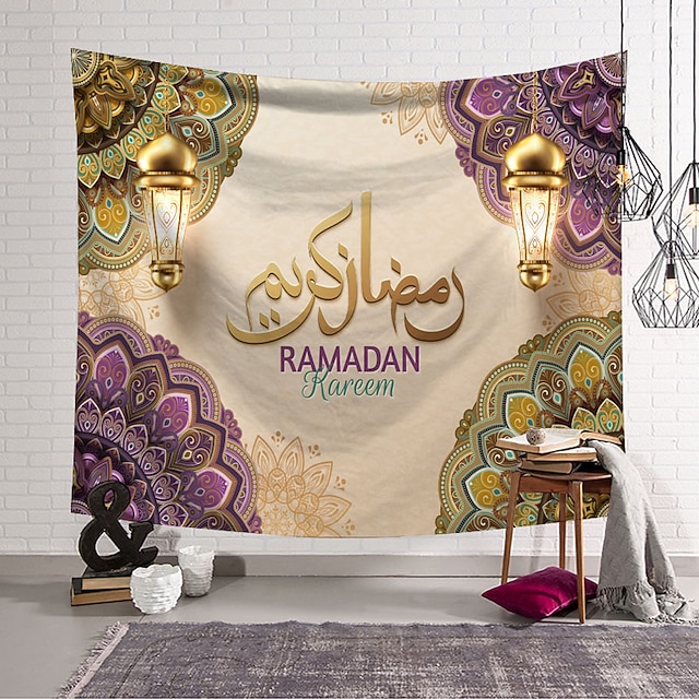 

Eid Mubarak Wall Tapestry Islamic Muslim Ramadan Art Decor Blanket Curtain Hanging Home Bedroom Living Room Decoration Oranament Polyester