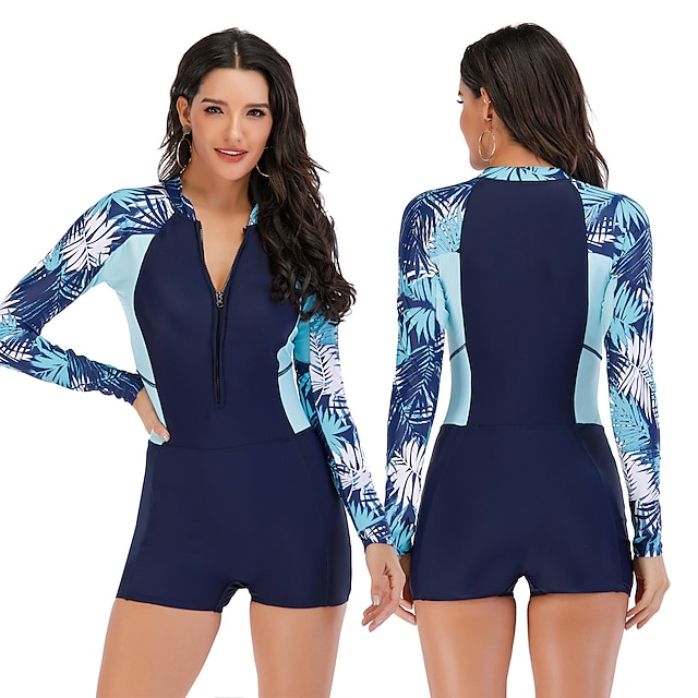  Women's UV Sun Protection UPF50+ Breathable Rash Guard One Piece Swimsuit Long Sleeve Front Zip Boyleg Bodysuit Bathing Suit Swimming Surfing Beach Water Sports Autumn / Fall Spring Summer
