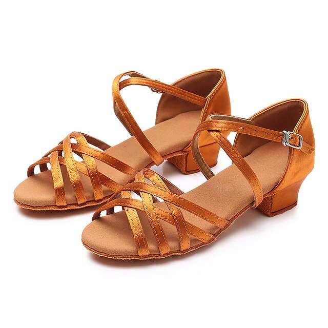 Girls' Satin Latin Dance Shoes with Strappy Design, Flexible Sole, and Low Heels – Ideal for Ballroom or Salsa Performances2