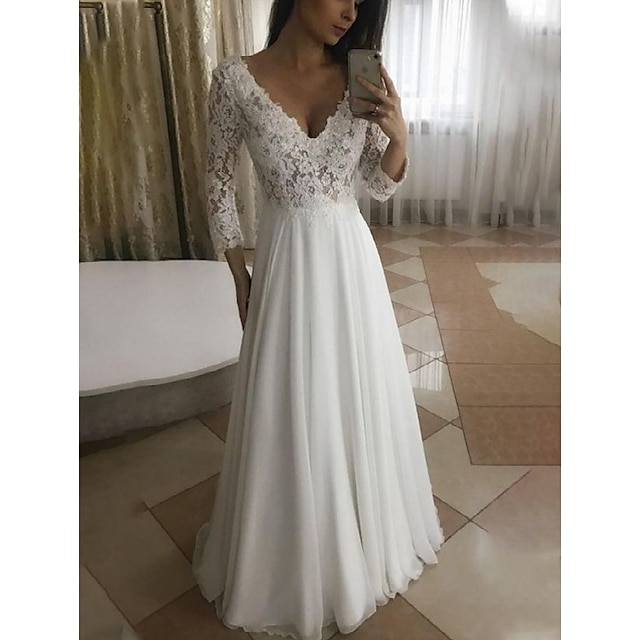  Beach Wedding Dresses A-Line V Neck 3/4 Length Sleeve Floor Length Chiffon Bridal Gowns With Pleats Appliques 2024