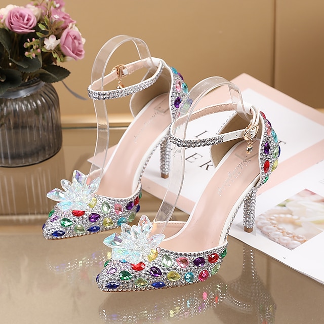  Wedding Shoes for Bride Bridesmaid Women Closed Toe Pointed Toe Silver Blue Colorful PU Pumps With Rhinestone Crystal Stiletto Heel Ankle Strap Wedding Party Valentine's Day Elegant Classic Luxurious
