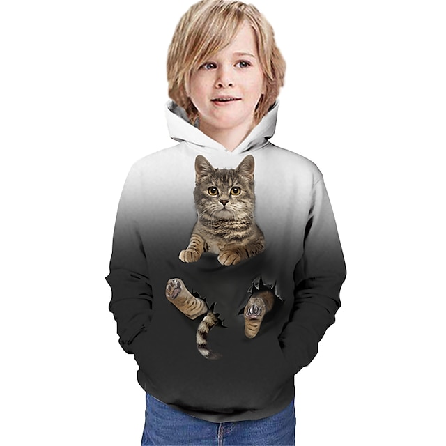 Baby & Kids Boys Clothing | Kids Boys Hoodie & Sweatshirt Long Sleeve Gray Cat 3D Print Cat Graphic 3D Animal Print Active - XD9