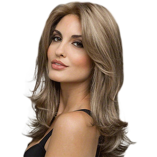  Synthetic Wig Natural Wave Straight Middle Part Wig Medium Length Brown Synthetic Hair Women's Heat Resistant Middle Part Blonde