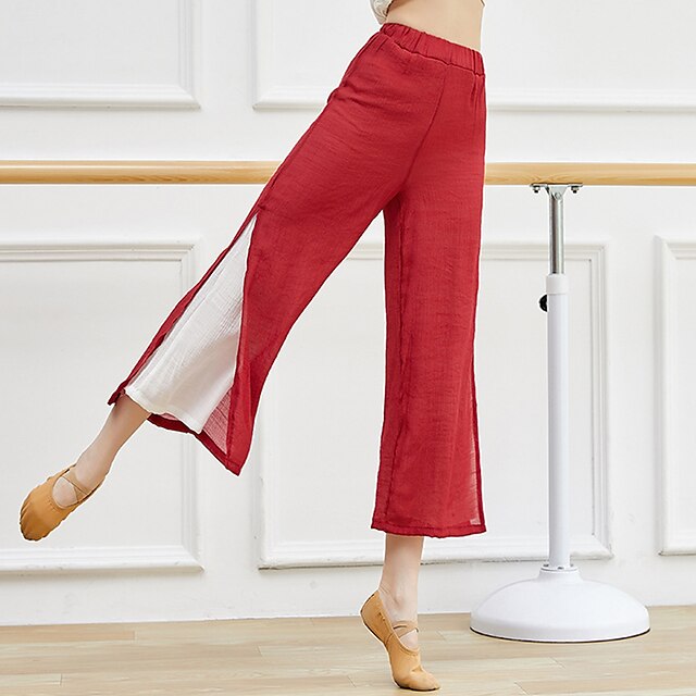  Activewear Pants Split Ruching Gore Women's Training Performance Sleeveless High Linen / Cotton Blend