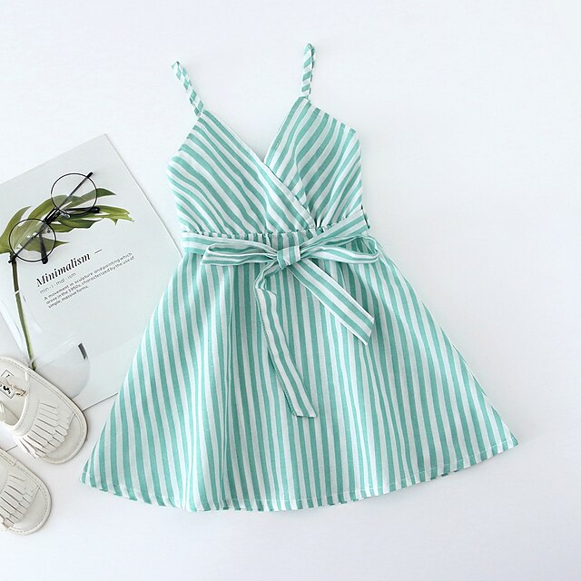 Baby & Kids Girls Clothing | Toddler Little Girls Dress Striped Lace up Blushing Pink Green Navy Blue Cotton Knee-length Sleevel