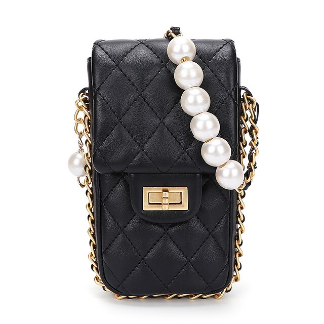  Women's Bags PU Leather Mobile Phone Bag Pearls Chain Plaid Checkered Daily Going out 2021 Chain Bag White Black Purple Orange