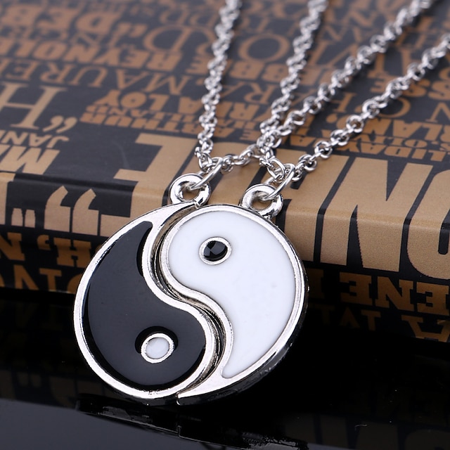  yin yang friend or couple necklace matching yin yang adjustable cord bracelet, yin yang couple pendant necklace chain for friendship boyfriend girlfriend (silver)