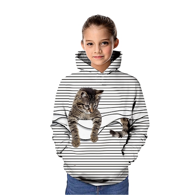  Kids Girls' Hoodie Long Sleeve 3D Print Graphic Animal Cat Stripe Green White Purple Children Tops Spring Fall Active Daily School Daily Loose Fit 3-12 Years / Winter