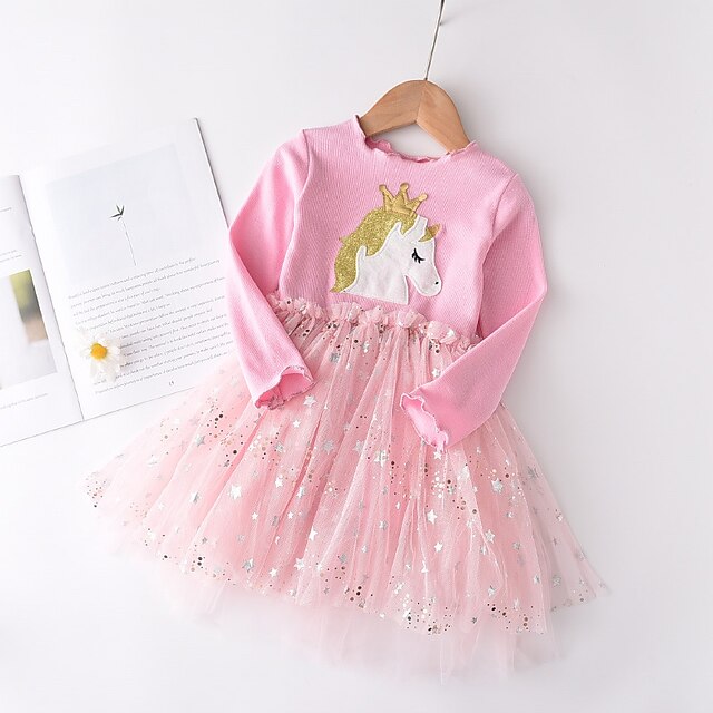 

Kids Little Girls' Dress Solid Colored Sequin Tulle Dress Party Birthday Mesh Sparkle Black Pink Midi Long Sleeve Princess Sweet Dresses Fall Spring Slim 2-8 Years
